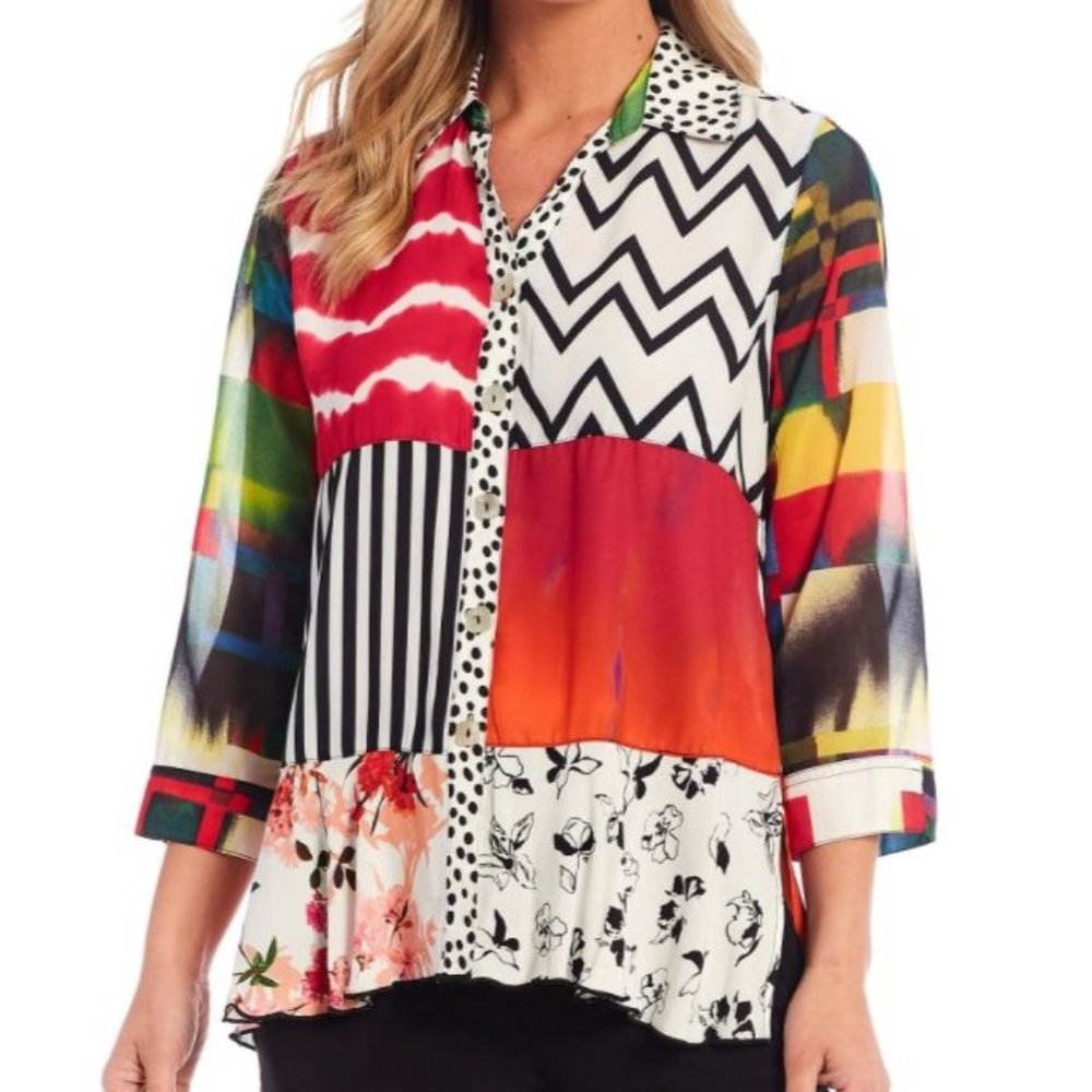 John Mark Paneled Mixed Media Cuff-Sleeve Button-Front Blouse S